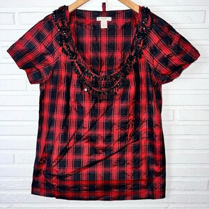 J. Crew Black and Red Eliza Silk Checkered Jeweled Bib Blouse, Women’s Size 0